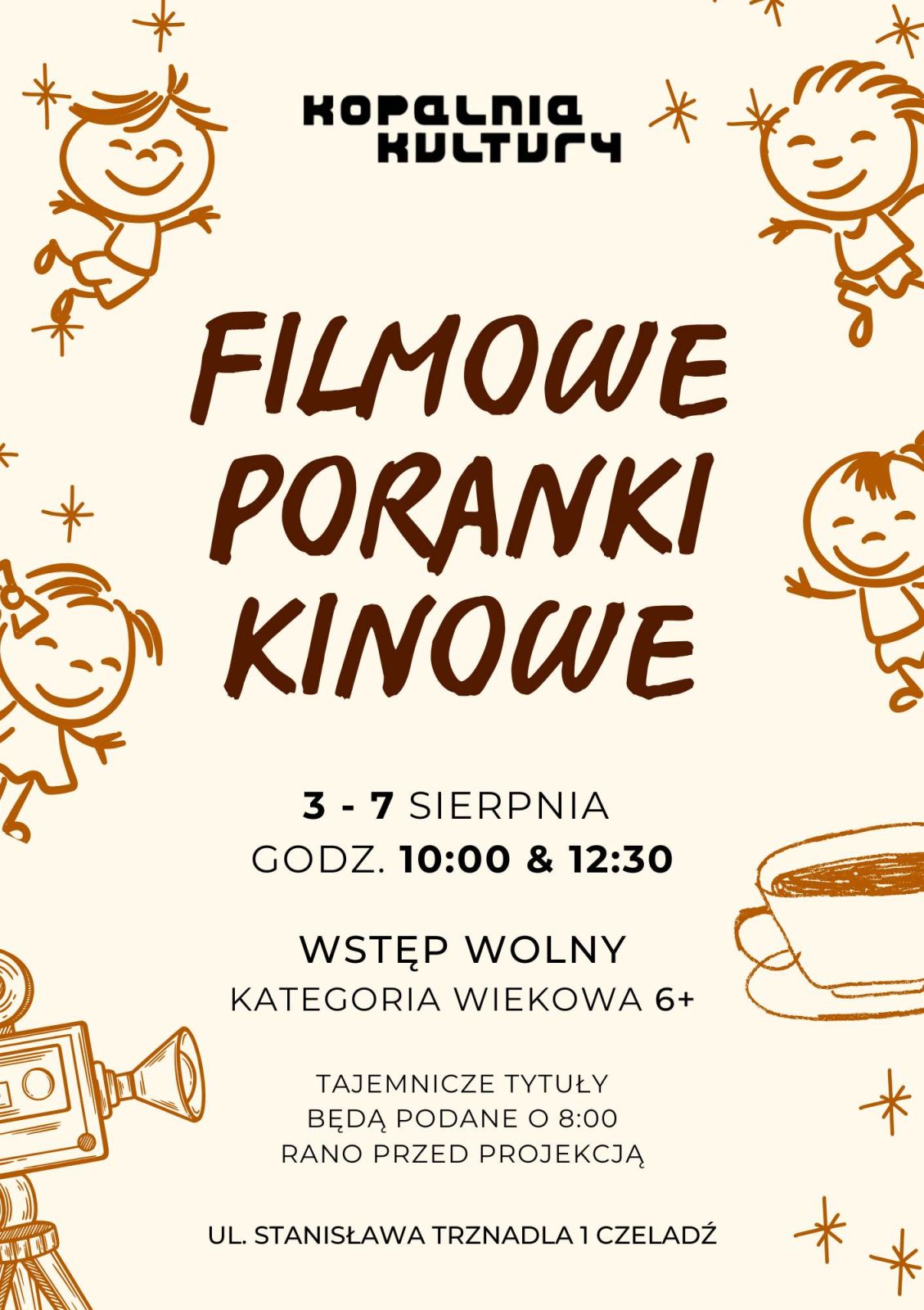 plakat z dziećmi dotyczączący filmowych poranków kinowych w sierpniu